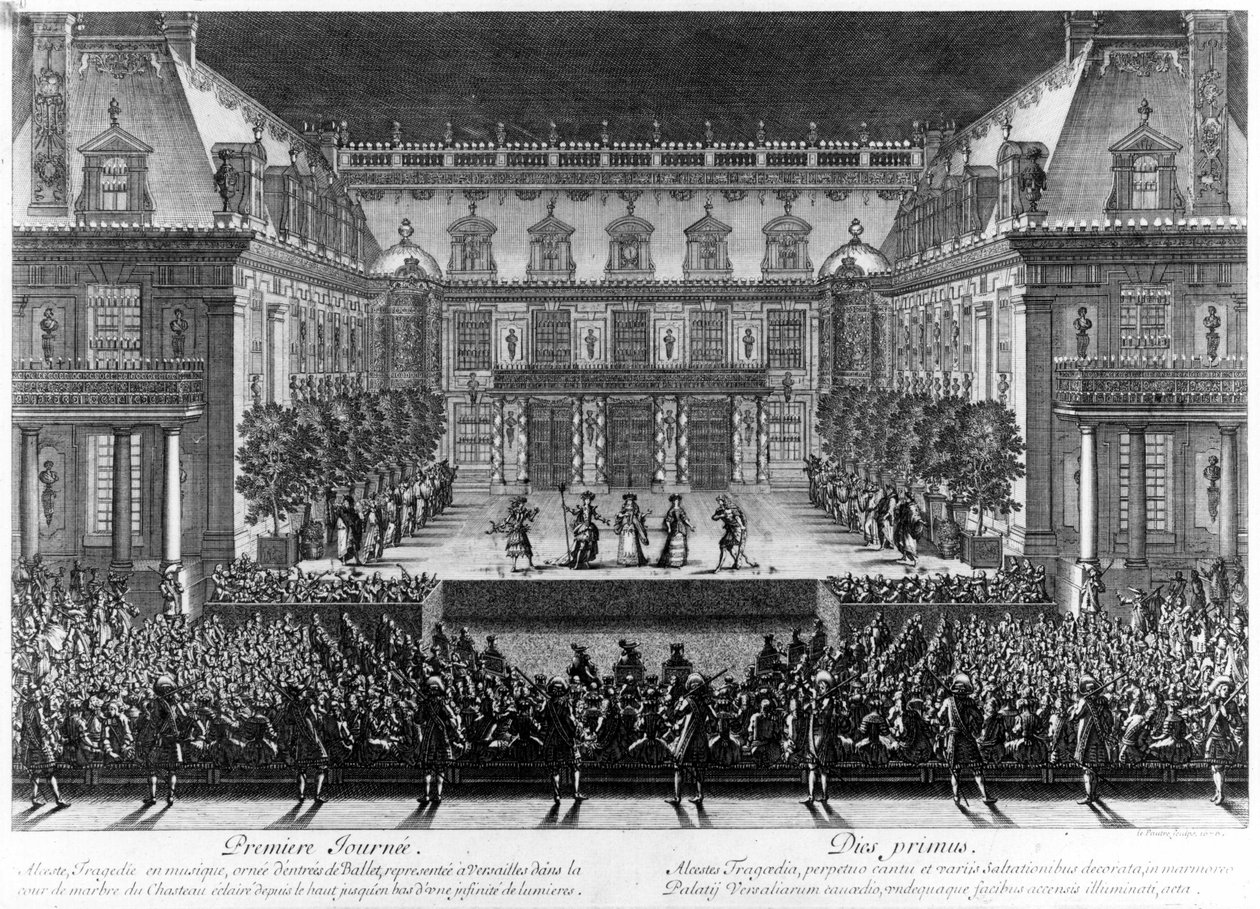 Representação, no pátio de mármore do castelo de Versalhes, de "Alceste" de Jean Baptiste Lully (Giovanni Battista Lulli) (1632-1687), para as celebrações dadas por ocasião do renascimento do Franche Comte (1674). Gravura de Le Pautre (16 de Antoine Le Pautre