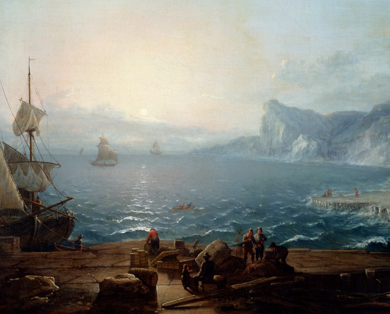Pôr-do-sol Uma paisagem de falésias e rochas no mar, com os pescadores em primeiro plano. Detalhe. Pintura de Antoine Lebel (1705-1793) Sol do século XVIII. 0,9x1,16 m Rouen, musee des Beaux Arts. de Antoine Lebel