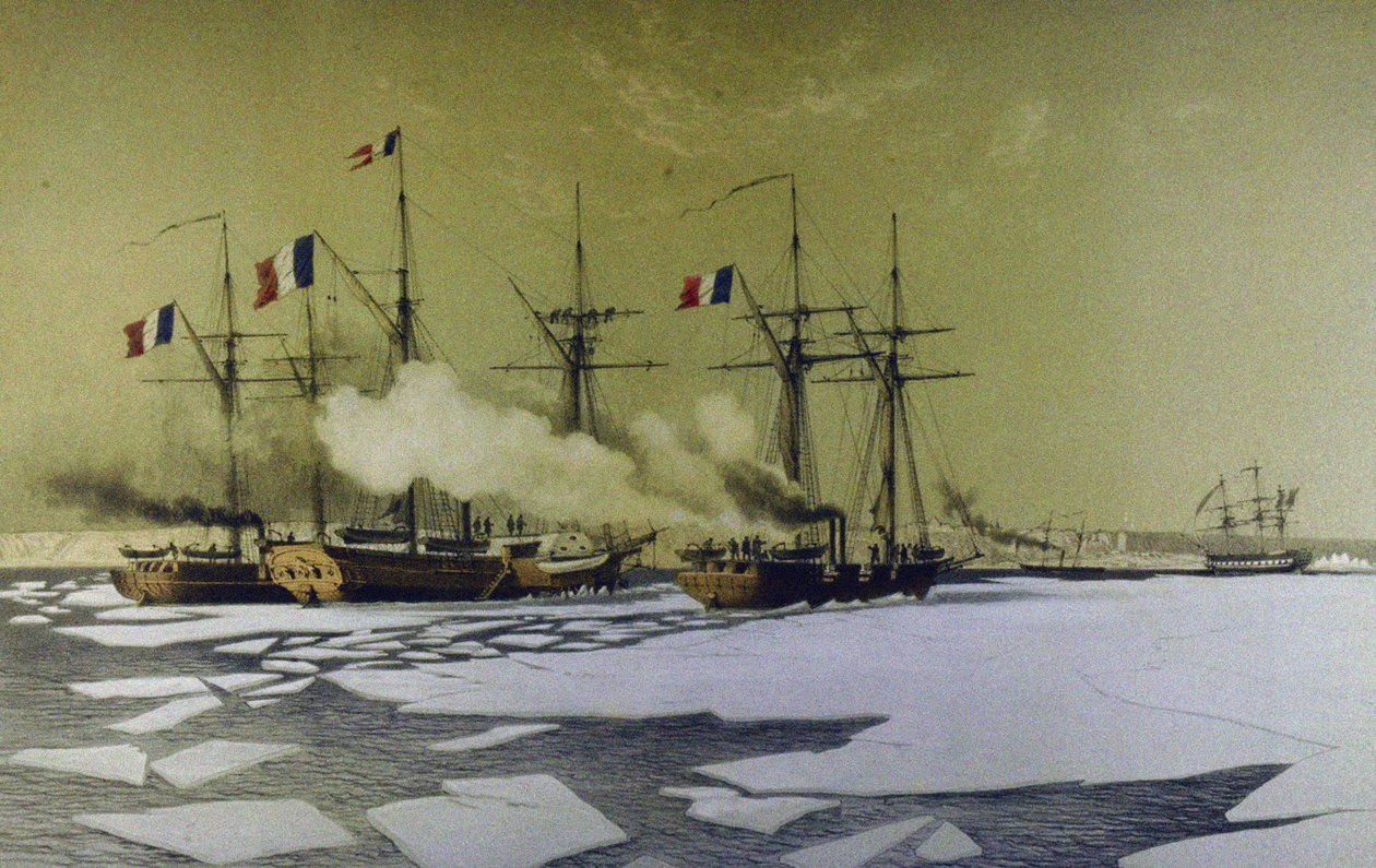 Quebra de gelo no Dnieper Liman para a passagem de baterias flutuantes, 1855-1856, 1860 de Antoine Leon Morel Fatio