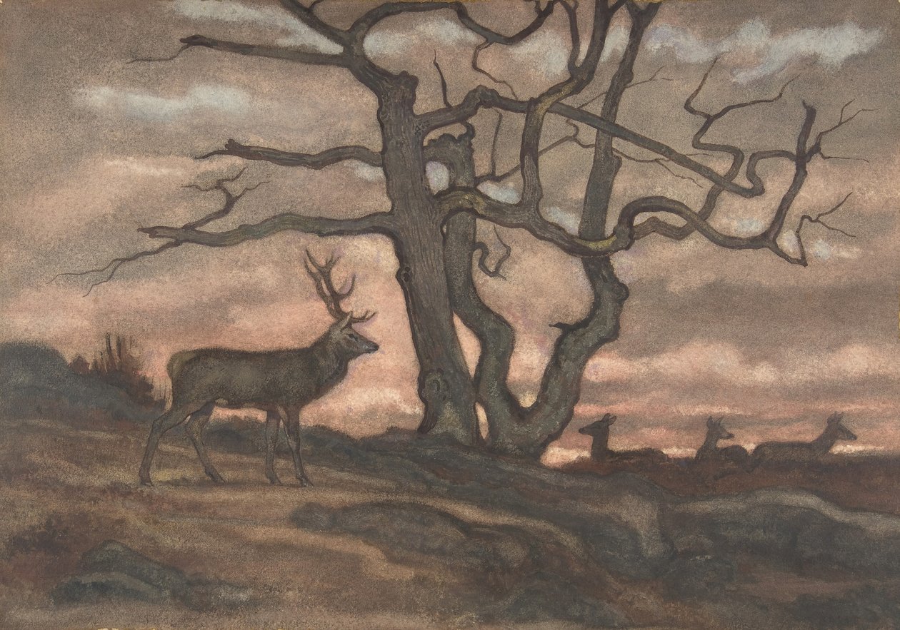 Cervo e árvore contra o pôr do sol, 1810-75. de Antoine Louis Barye