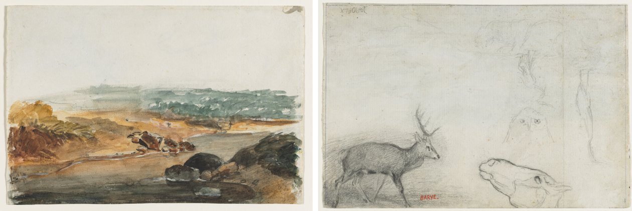 Paisagem (reto); Estudos de Animais (verso) de Antoine Louis Barye