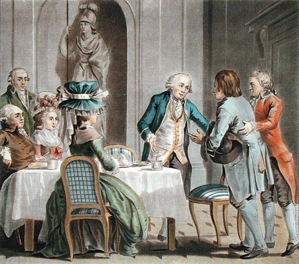 O Comte de Vaux (1705-88) oferece comida e bebida a um agricultor, gravada por Jean Baptiste Morret (fl.1790-1820) de Antoine Louis Francois (after) Sergent Marceau