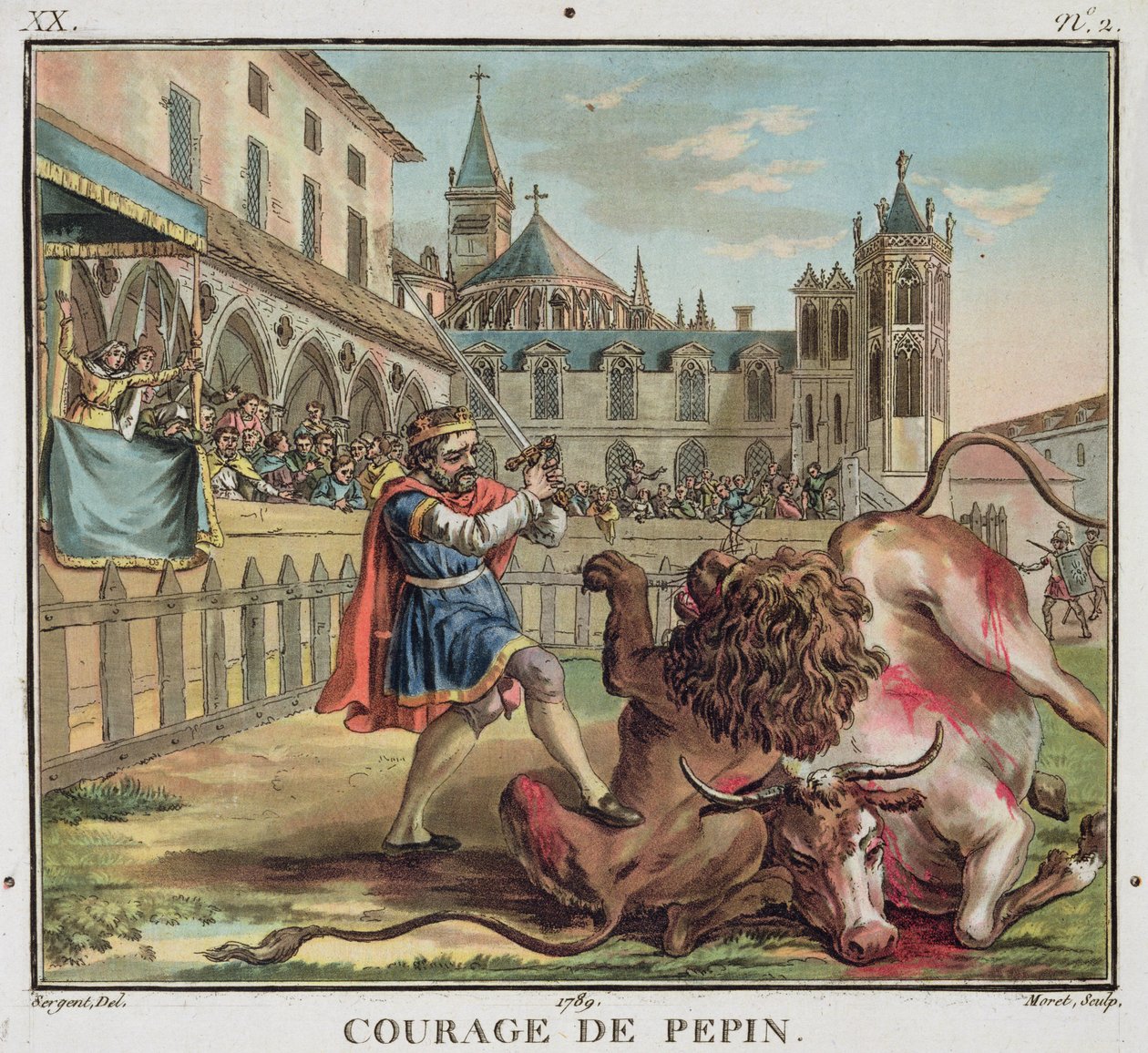 A Coragem de Pepin (714-68), gravada por Jean Baptiste Morret (fl. 1790-1820) 1789 (gravura a cores) de Antoine Louis Francois (after) Sergent Marceau