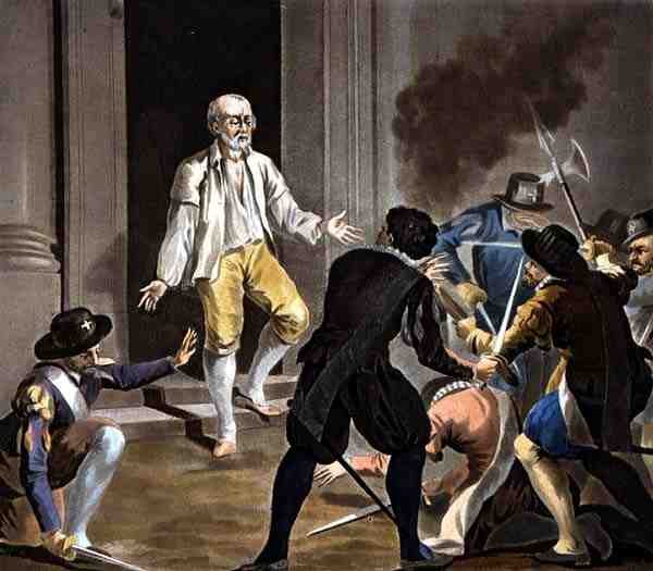 A Morte de Gaspard de Coligny, gravada por Jean Baptiste Morret (fl.1790-1820) 1788 (gravura a cores) de Antoine Louis Francois (after) Sergent Marceau