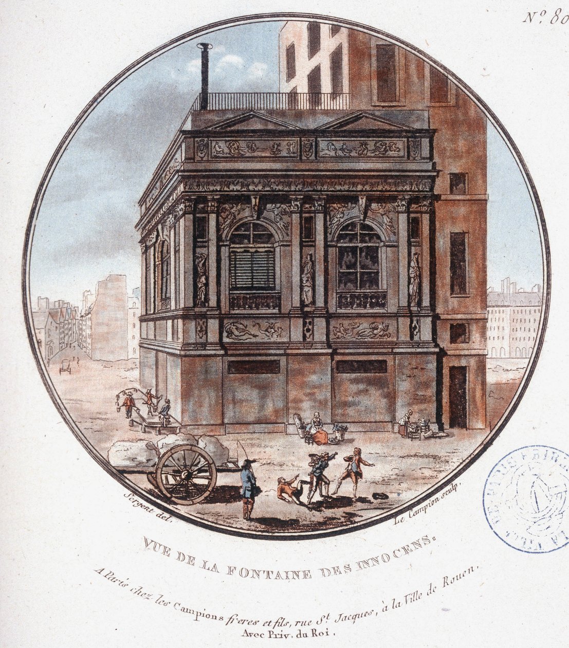 Vista da fonte dos inocentes. Em vista prittoresca dos principais edifícios de Paris pelo Sargento de Antoine Louis Francois Sergent Marceau