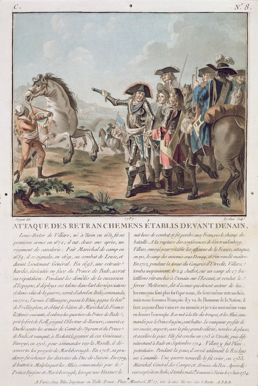 Ataque nas trincheiras estabelecidas em frente a Denain, 1712, gravado por Louis Le Coeur (fl.1780-1800), 1787 de Antoine Louis Francois Sergent Marceau