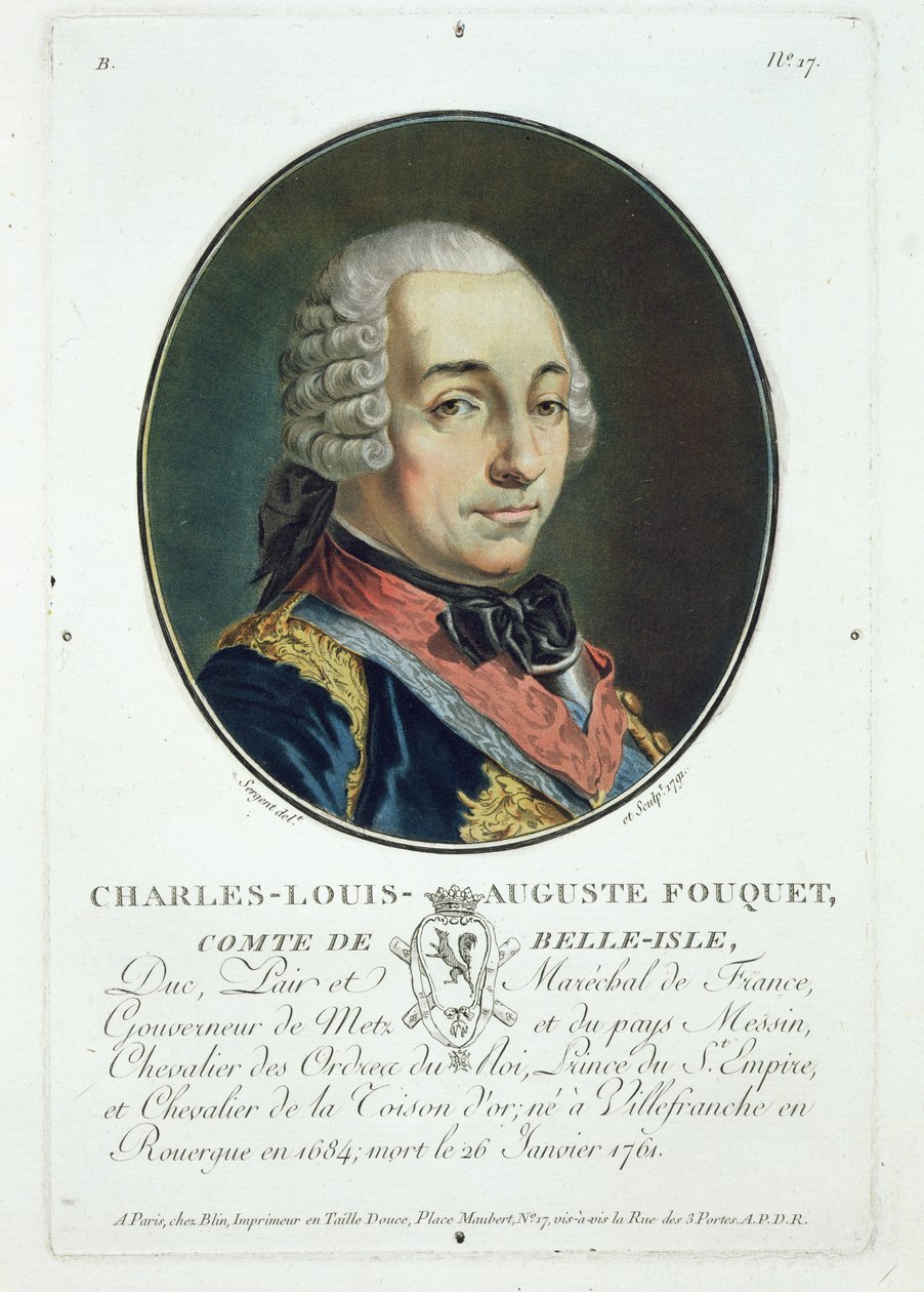 Charles-Louis-Auguste Fouquet (1684-1761) de "Retratos de grandes homens, mulheres ilustres e assuntos memoráveis da França", publicado em 1787-92. de Antoine Louis Francois Sergent Marceau