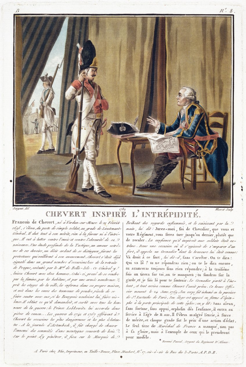 Francois Chevert (1695-1769) inspira coragem, gravada por Jean Baptiste Morret (fl.1790-1820), 1789 de Antoine Louis Francois Sergent Marceau