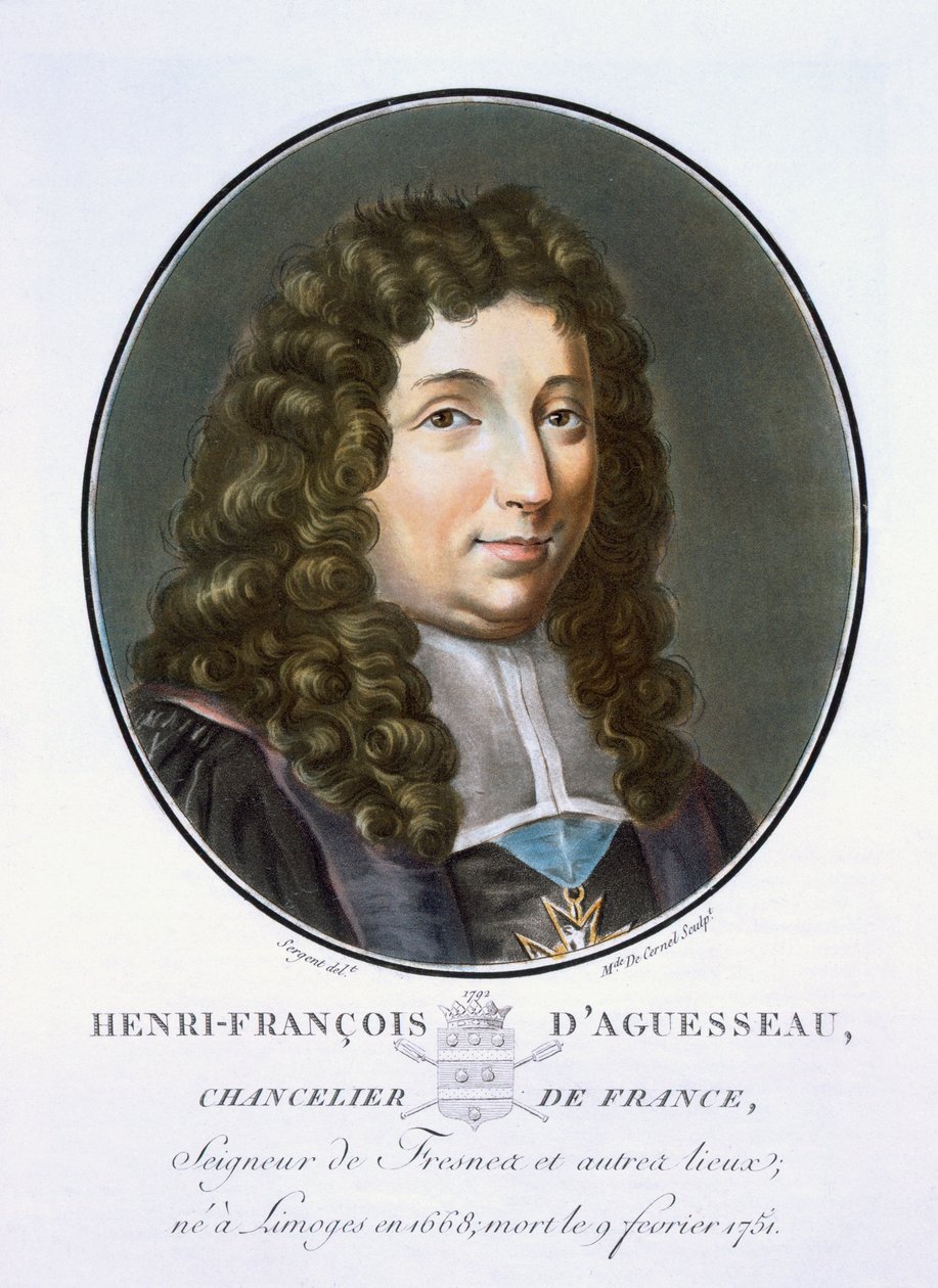 Henri-François dAguesseau, de retratos de grandes homens, mulheres ilustres e temas memoráveis da França, sérios e impressos em cores, publicado por Pierre Blin, 1786-92, Paris (cor gravura de Antoine Louis Francois Sergent Marceau
