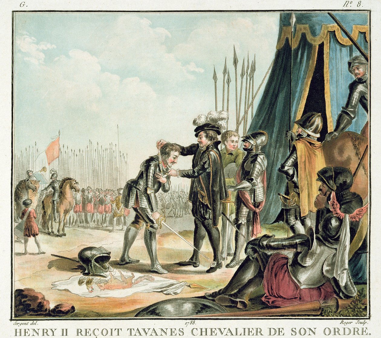 Henri II (1519-59) recebe Jean de Tavanes como um cavaleiro em sua ordem, gravada por Roger, 1788 de Antoine Louis Francois Sergent Marceau