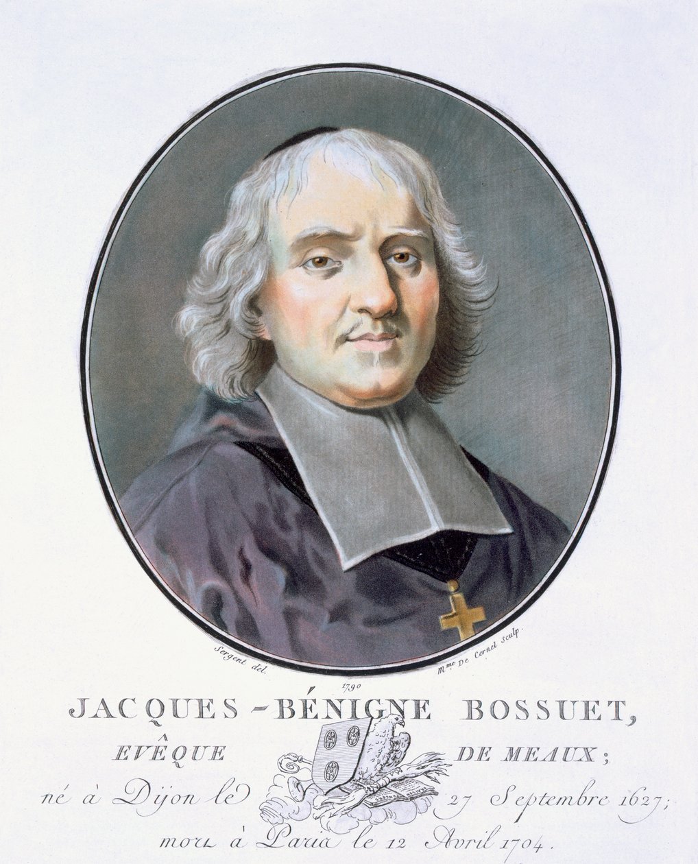 Jacques = Benigne Bossuet, de retratos de grandes homens, mulheres ilustres e temas memoráveis da França, sérios e impressos em cores, publicado por Pierre Blin, 1786-92, Paris (gravura colorida) de Antoine Louis Francois Sergent Marceau