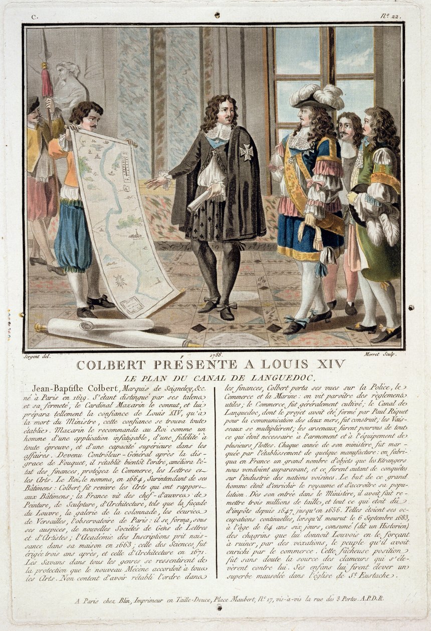 Jean Baptiste Colbert (1619-83) apresenta o mapa do Canal du Languedoc a Louis XIV, gravado por Jean Baptiste Morret (fl.1790-1820), 1788 de Antoine Louis Francois Sergent Marceau