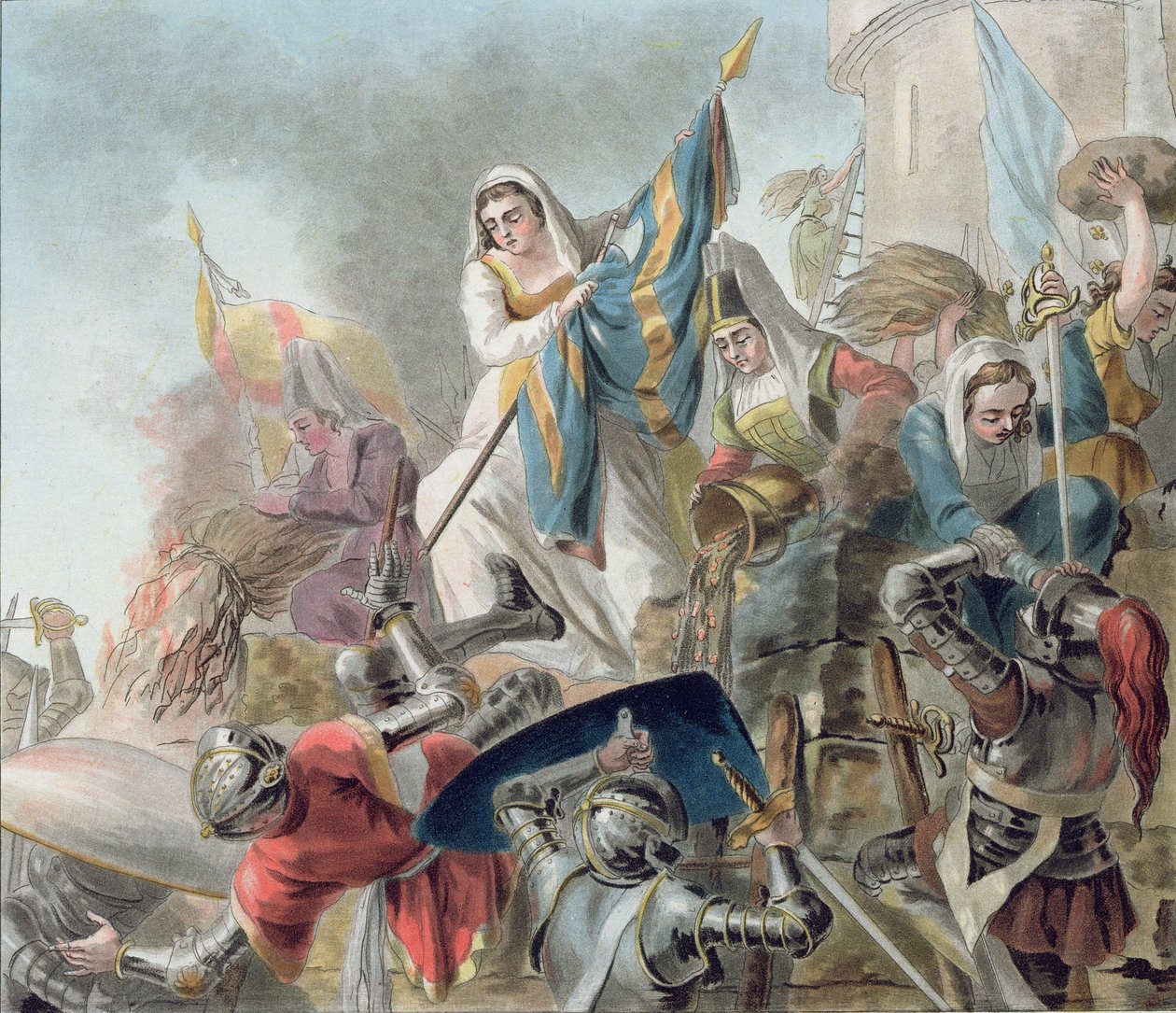 Jeanne Laisne cria um padrão contra os homens da Borgonha, gravado por Morret (fl. 1790-1820) 1787 de Antoine Louis Francois Sergent Marceau