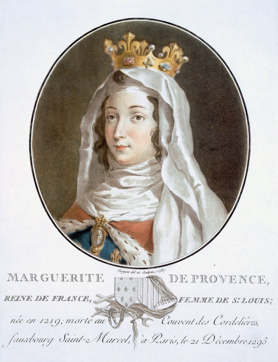Marguerite de Provence, de retratos de grandes homens, mulheres ilustres e temas memoráveis da França, grave e impresso em cores, publicado por Pierre Blin, 1786-92, Paris (gravura colorida) de Antoine Louis Francois Sergent Marceau