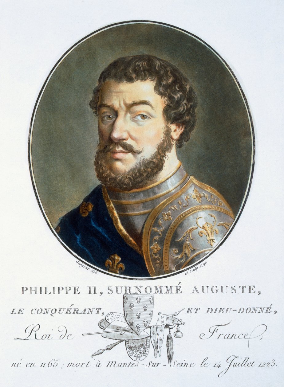 Filipe II Augusto, a partir de retratos de grandes homens, mulheres ilustres e temas memoráveis da França, grave e impresso em cores, publicado por Pierre Blin, 1786-92, Paris (gravura colorida) de Antoine Louis Francois Sergent Marceau