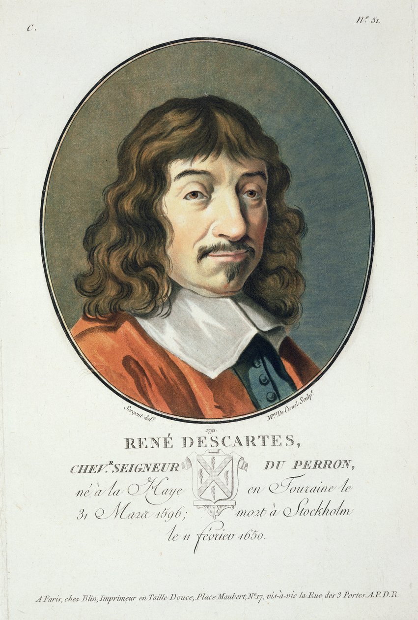 René Descartes, de Retratos dos Grandes Homens, Mulheres Ilustres e Assuntos Memoráveis da França, Graves e Impressos em Cores, publicado por Pierre Blin, 1786-92, Paris de Antoine Louis Francois Sergent Marceau