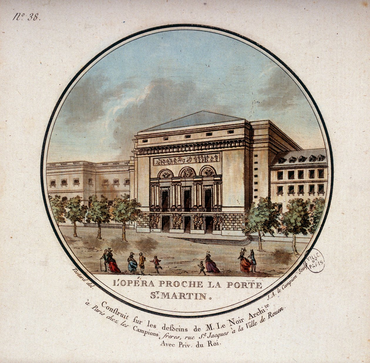 A ópera construída de acordo com os desenhos do arquitecto Le Noir perto da Porte Saint Martin em Paris, hoje o teatro da Porte Saint Martin. Em vista prittoresca dos principais edifícios de Paris pelo Sargento de Antoine Louis Francois Sergent Marceau