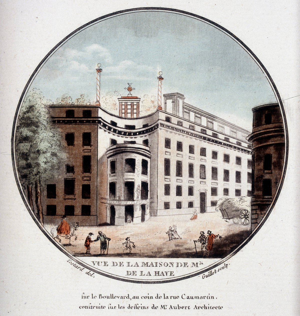 Vista da casa de Monsieur de La Haye na esquina da Rue Caumartin, Paris, construída de acordo com desenhos do arquiteto Aubert. Em vista prittoresca dos principais edifícios de Paris pelo Sargento de Antoine Louis Francois Sergent Marceau