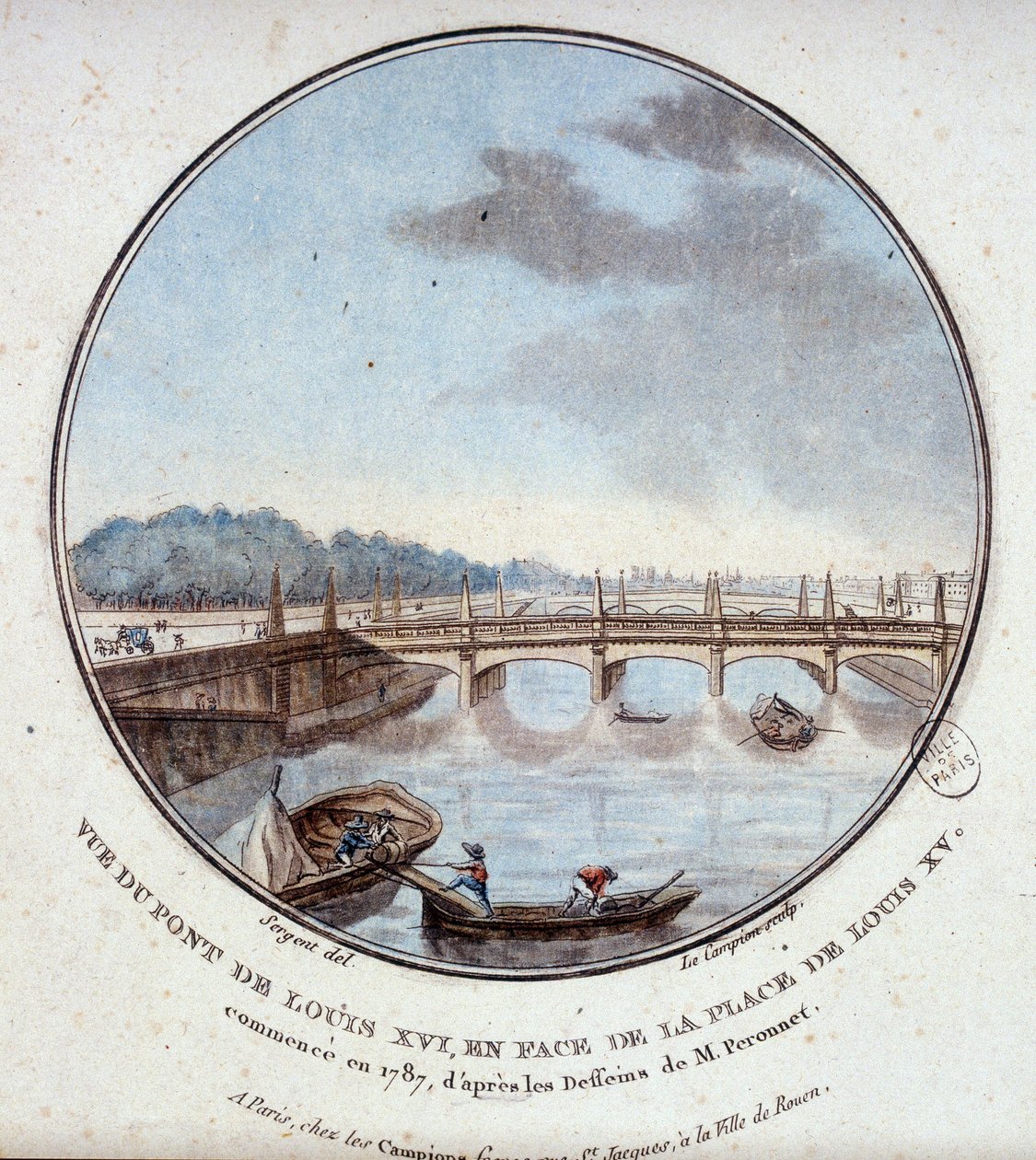 Vista da ponte de Luís XVI, em frente ao lugar de Luís XV, iniciada em 1787, de acordo com os desenhos do Sr. Peronnet. Em vista prittoresca dos principais edifícios de Paris pelo sargento de Antoine Louis Francois Sergent Marceau