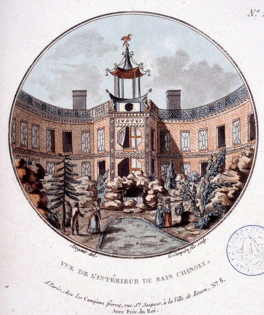 Vista do interior do banho chinês, Paris. Em vista prittoresca dos principais edifícios de Paris pelo Sargento de Antoine Louis Francois Sergent Marceau