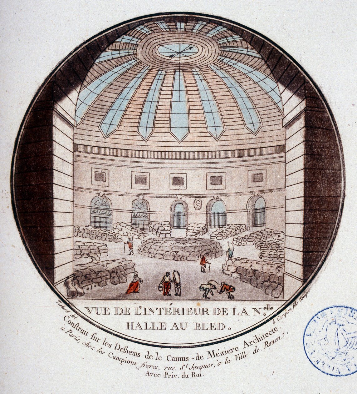 Vista do interior do novo pavilhão do mercado construído por Le Camus de Mézières entre 1763 e 1766, hoje a bolsa de valores em Paris. Em vista prittoresca dos principais edifícios de Paris pelo Sargento de Antoine Louis Francois Sergent Marceau