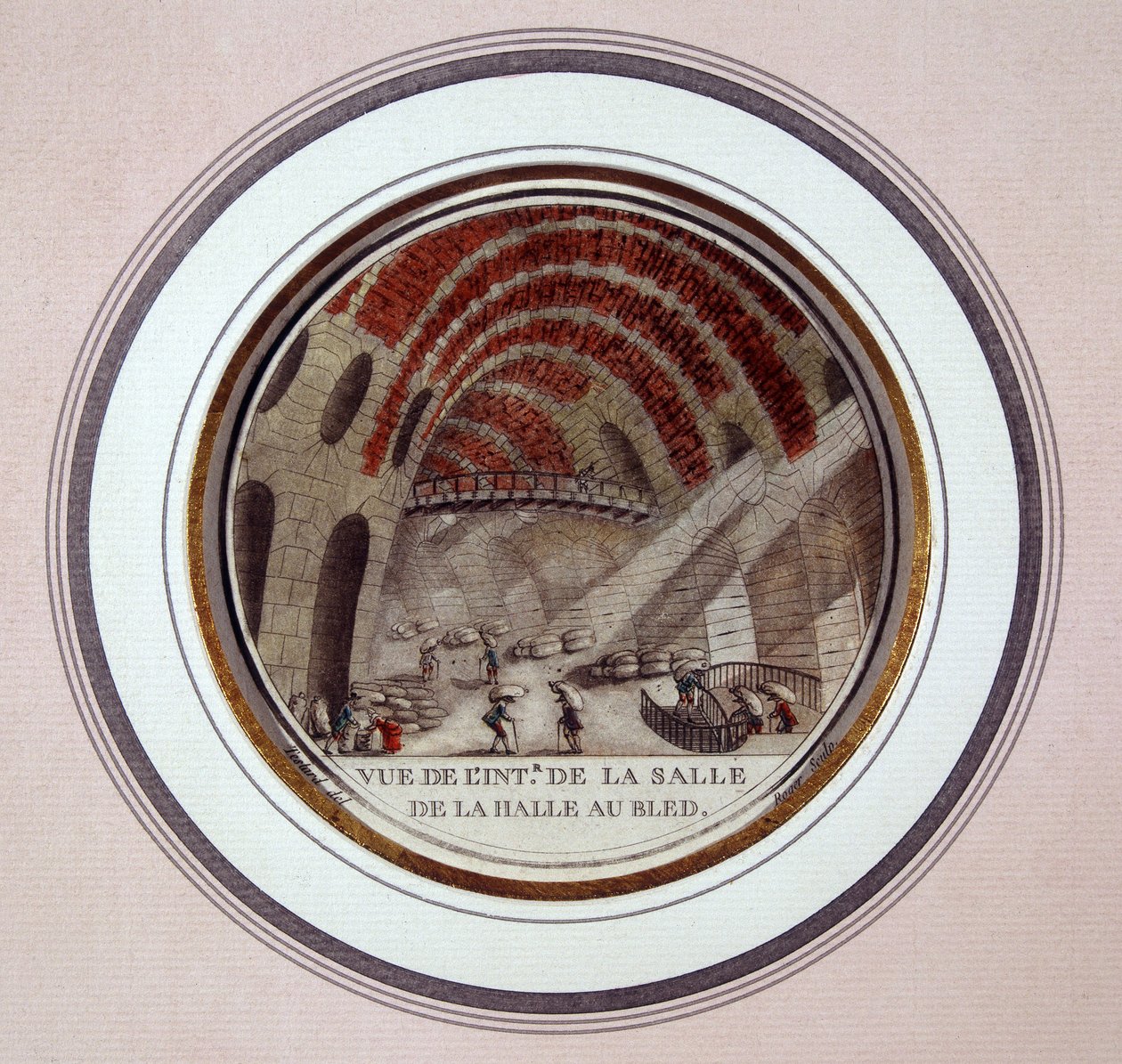 Vista do interior do novo pavilhão do mercado construído por Le Camus de Mézières entre 1763 e 1766, hoje a bolsa de valores em Paris. Em vista prittoresca dos principais edifícios de Paris pelo Sargento de Antoine Louis Francois Sergent Marceau