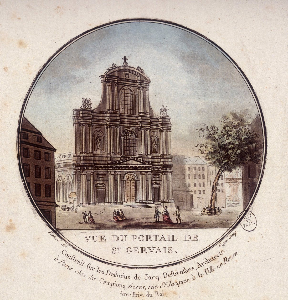 Vista do portal de Saint Gervais, construído de acordo com desenhos do arquiteto Jacques Desbrosses, Paris. Em vista prittoresca dos principais edifícios de Paris pelo Sargento de Antoine Louis Francois Sergent Marceau