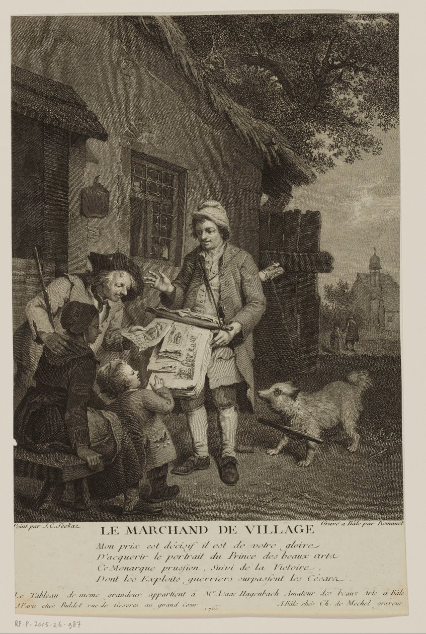 Vendedor de impressão itinerante em uma aldeia Le Marchand de Village (título no objeto) de Antoine Louis Romanet