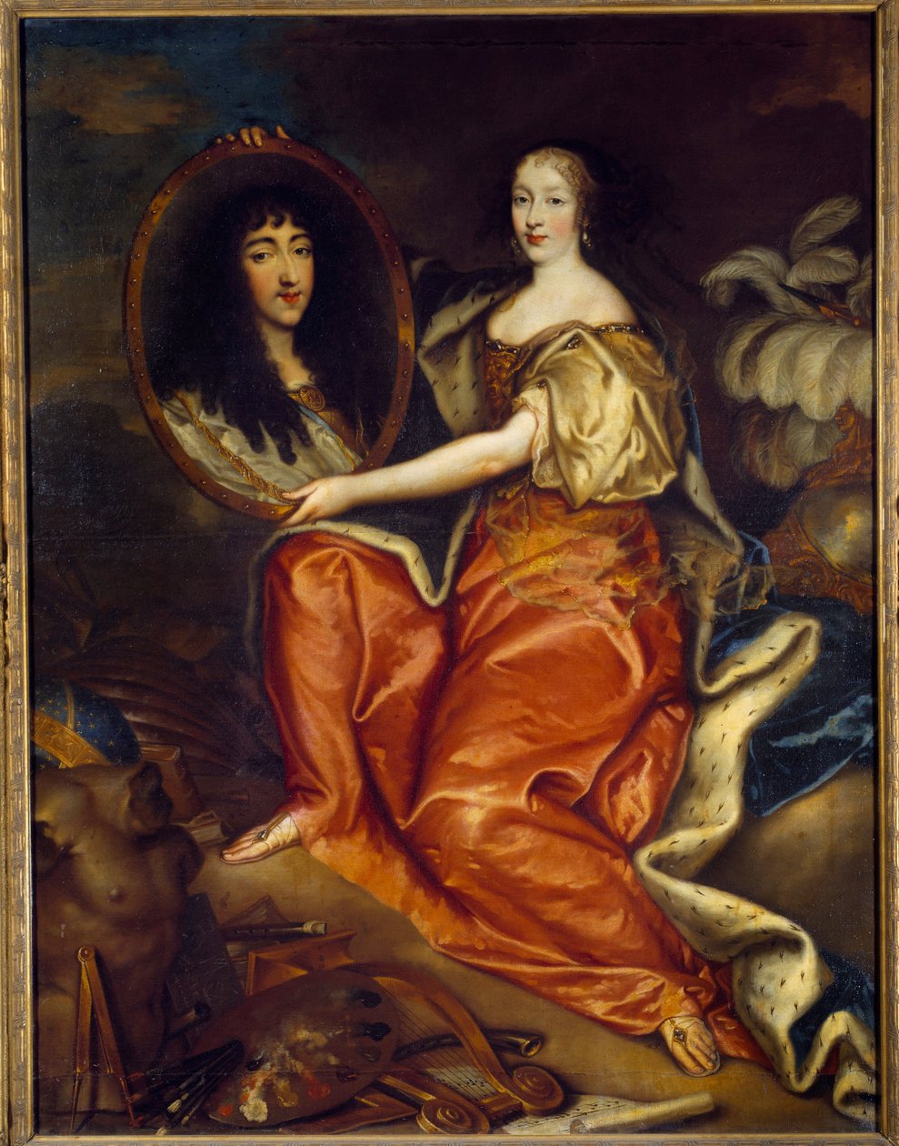Retrato de Henriette Anne (Henriette-Anne) da Inglaterra (1644-1670) Duquesa de Orleans com o retrato de Philippe Duc of Orleans (1640-1701) dit Monsieur. Retrato duplo: Pintura de abime num quadro. Pintura de Antoine Mathieu (1631-1673) 1664 Sol. de Antoine Mathieu