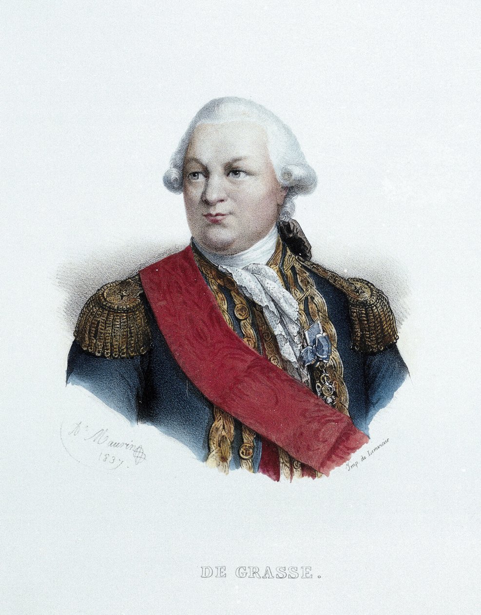 Retrato do almirante François Joseph Paul De Grasse (1722-1788). Litografia (23,9 x 15,6 cm), obra de Antoine Maurin (1793-1890), gravura Lemercier de Antoine Maurin