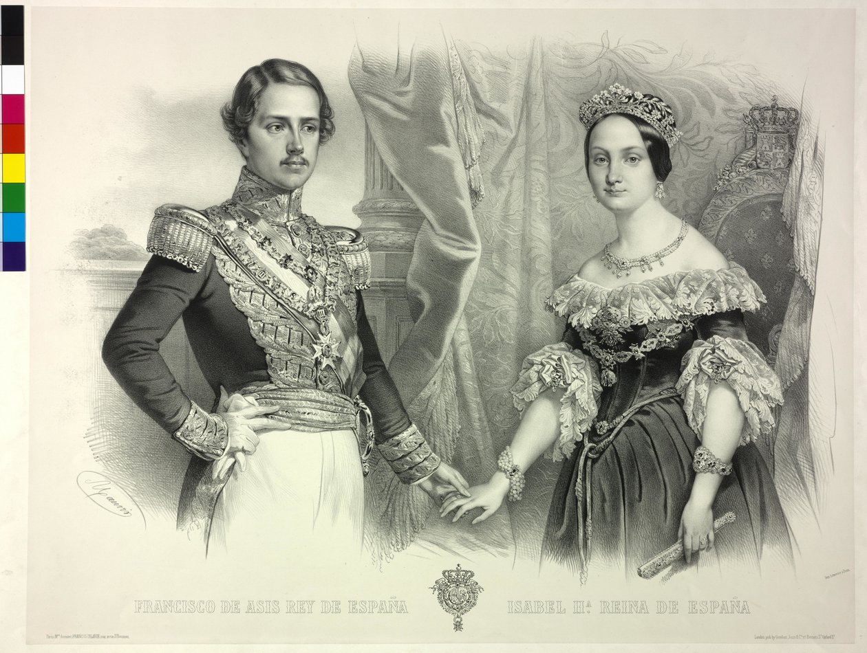 Rainha de Espanha e seu marido Francisco Isabel II (litografia) de Antoine Maurin