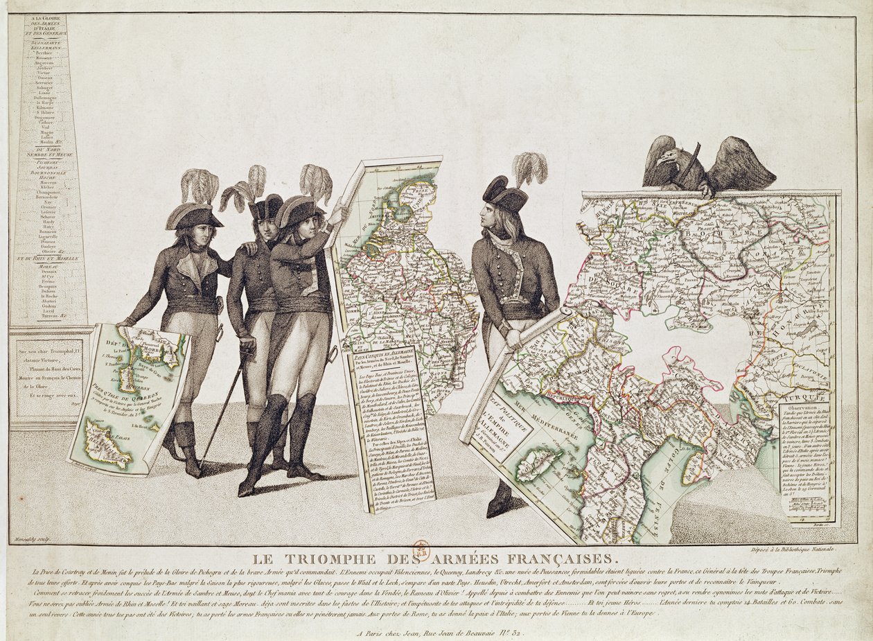 O triunfo dos exércitos franceses, Napoleão e seus generais segurando mapas de suas vitórias na época da paz de Loeben, 18 de abril de 1797, c.1797 de Antoine Maxime Monsaldy