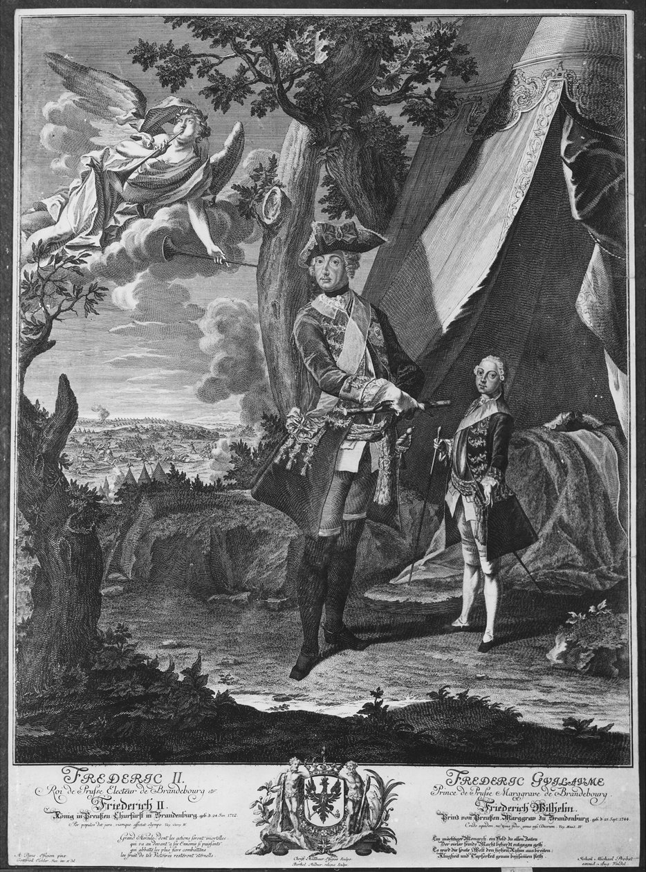 Frederico II (1712-86) e seu sobrinho Frederico Guilherme II (1744-97), gravado por Johann Probst (1673-1750) de Antoine Pesne