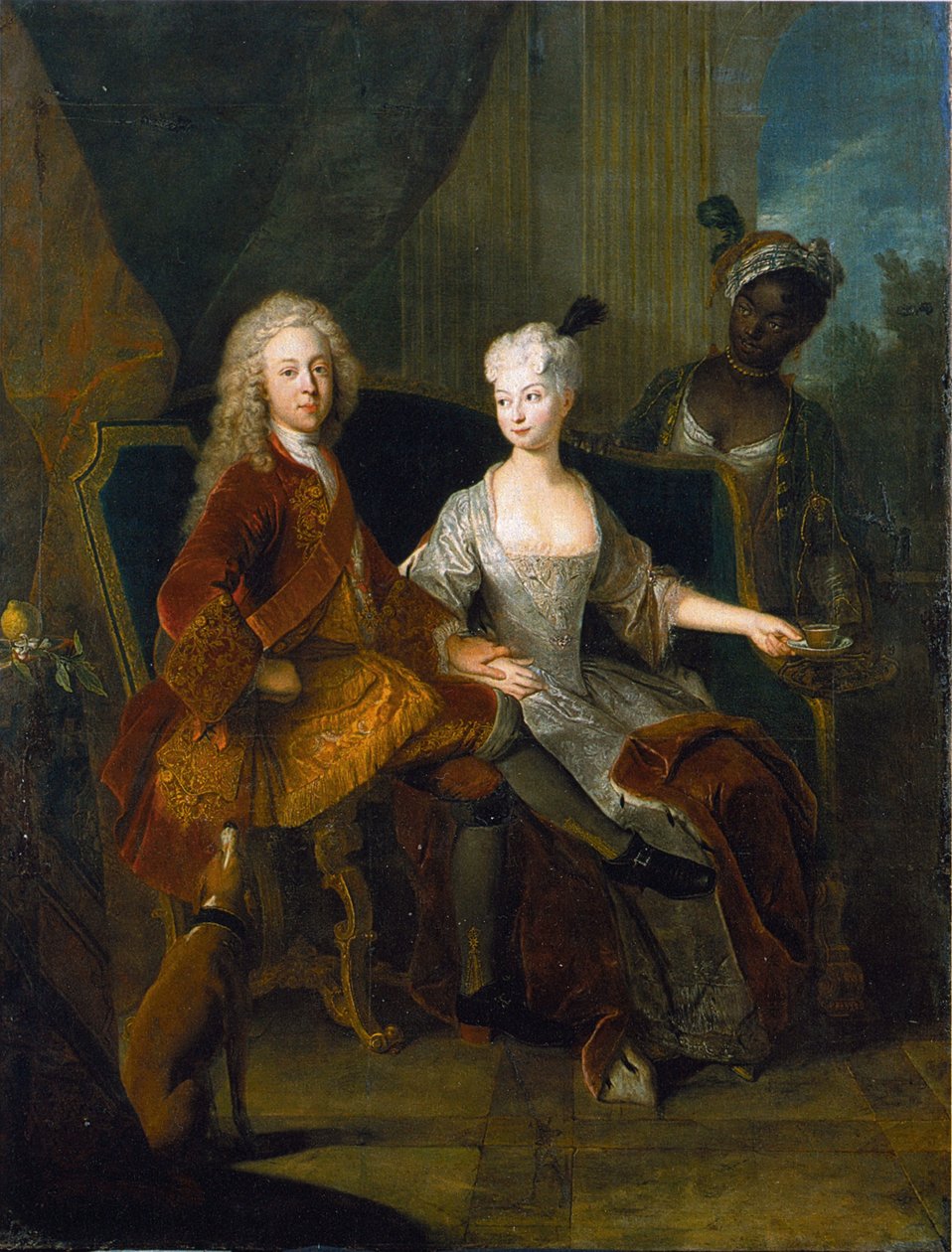 Alemão: Príncipe Hereditário Friedrich Ludwig de Württemberg (1698-1731) com a sua mulher Henriette Marie de Brandenburg-Schwedt (1702-1782) Retrato do Príncipe Hereditário Friedrich Ludwig de Württemberg e da sua mulher Henriette Marie de Brandenburg-Schw de Antoine Pesne