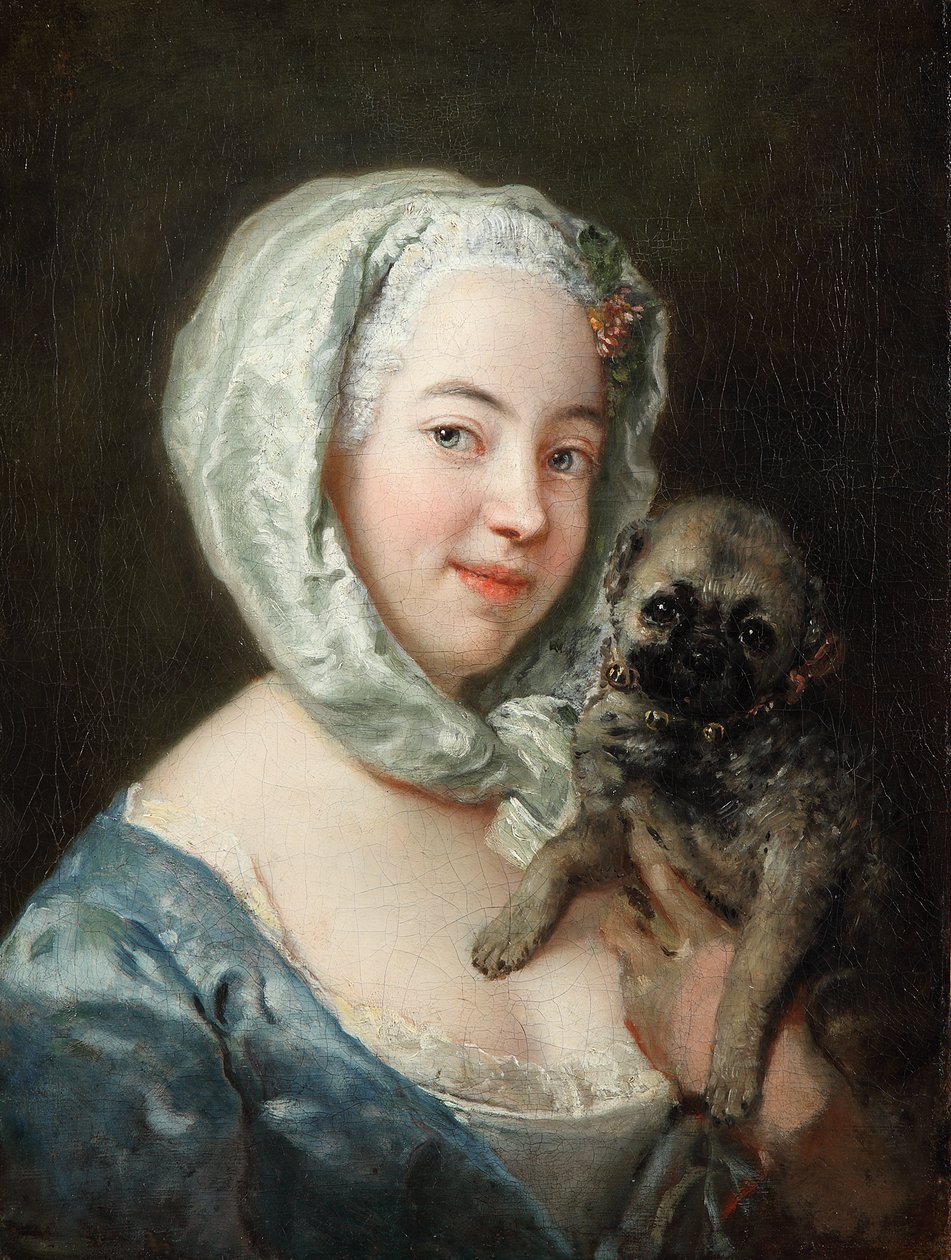 Marie de Rège, nascida Pesne, com um cão pug de Antoine Pesne