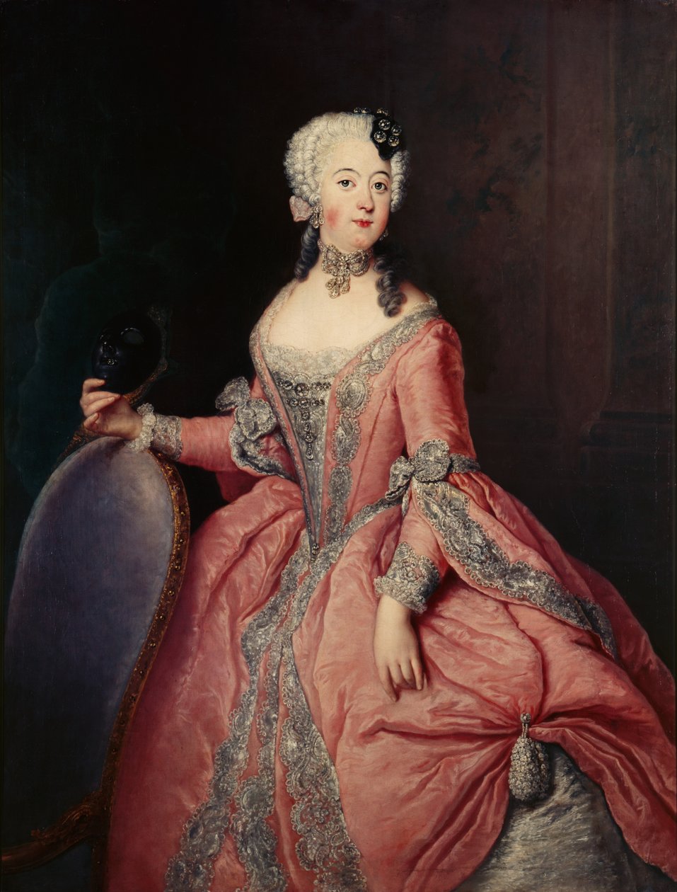 Retrato de Luise Ulrike princesa da Prússia (1720-1782) com máscara na mão de Antoine Pesne