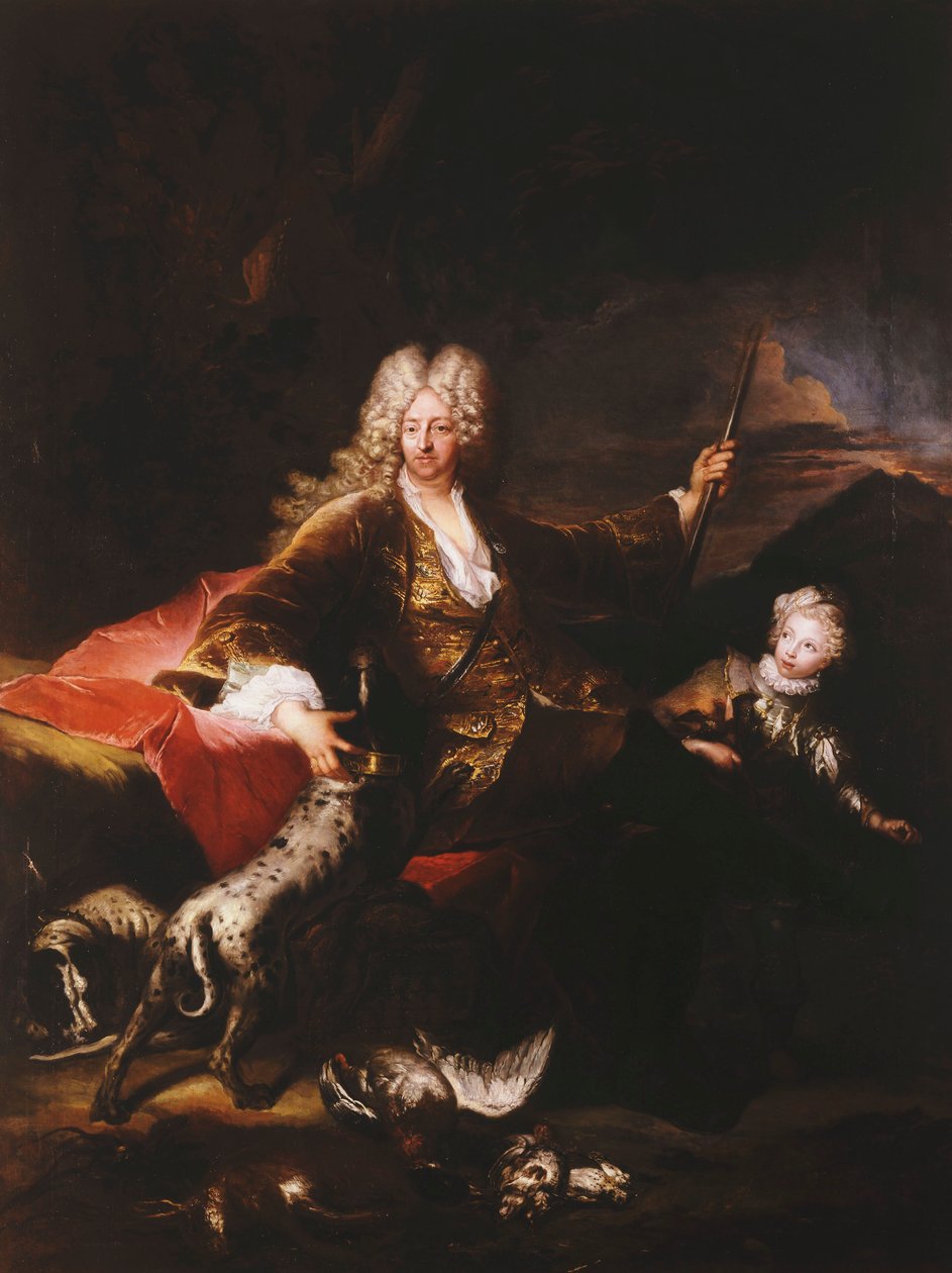 Retrato do marquês Paolo Corbelli, de corpo inteiro, sentado em um banco à beira de um bosque, 1709 de Antoine Pesne