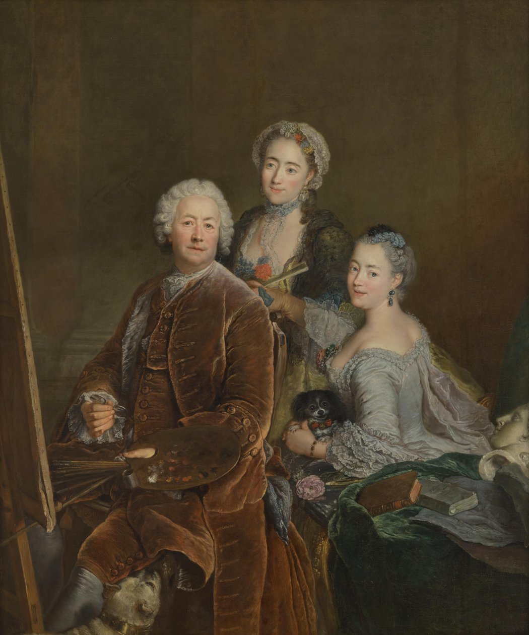 Autorretrato diante do cavalete com as filhas Henriette Joyard e Marie de Rège de Antoine Pesne
