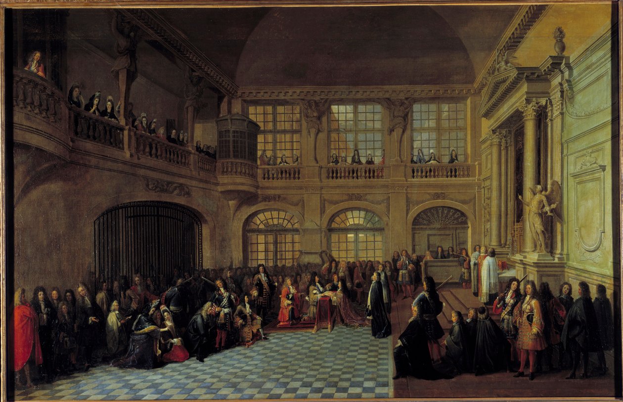 O rei Luís XIV recebe o juramento do marquês de Dangeau, grande mestre das ordens reunidas de Notre Dame du Mont Carmel e São Lázaro, na capela do castelo de Versalhes, em 18/12/1695. Philippe de Courcillon, Marquês de Dangeau (1638-172 de Antoine Pezey