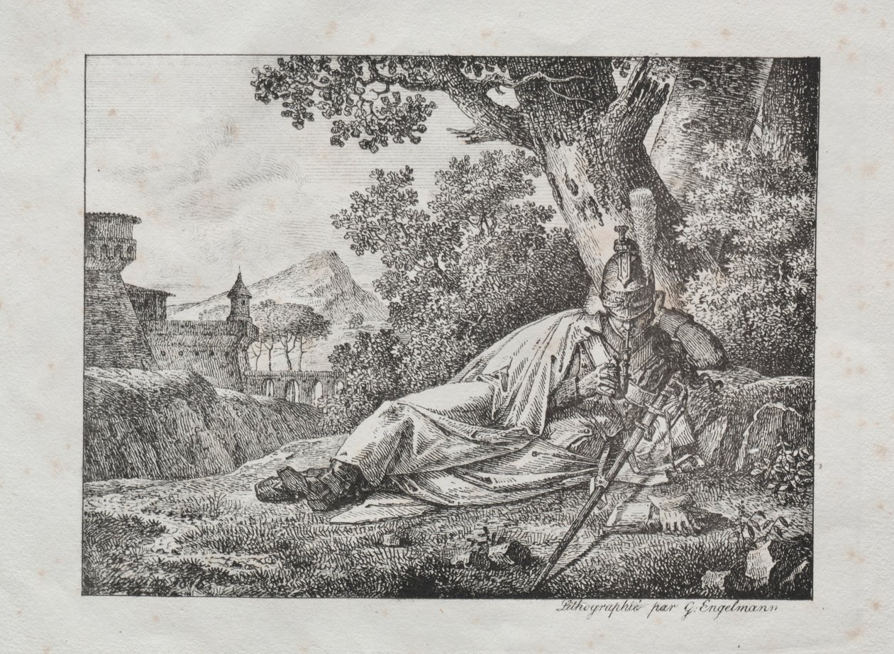 Receuil impressões litográficas: camada de dragão fumando ao pé de uma árvore, 1822. de Antoine Pierre Mongin