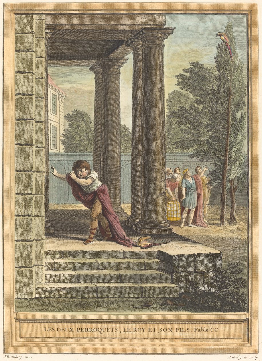 Dois papagaios, o rei e seu filho de Antoine Radigues after Jean Baptiste Oudry
