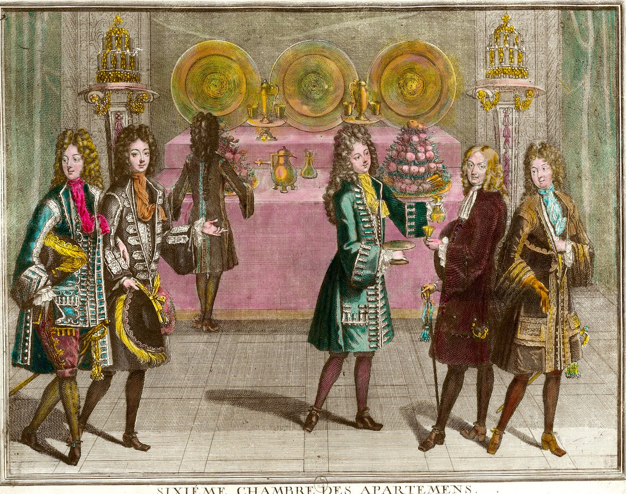 Buffet para lanches no sexto quarto dos apartamentos da família de Luís XIV (1638-1715) durante as noites de apartamento em Versalhes por volta de 1696 Gravação por Antoine Trouvain (1656-1708) 1696 aproximadamente coleção privada de Antoine Trouvain