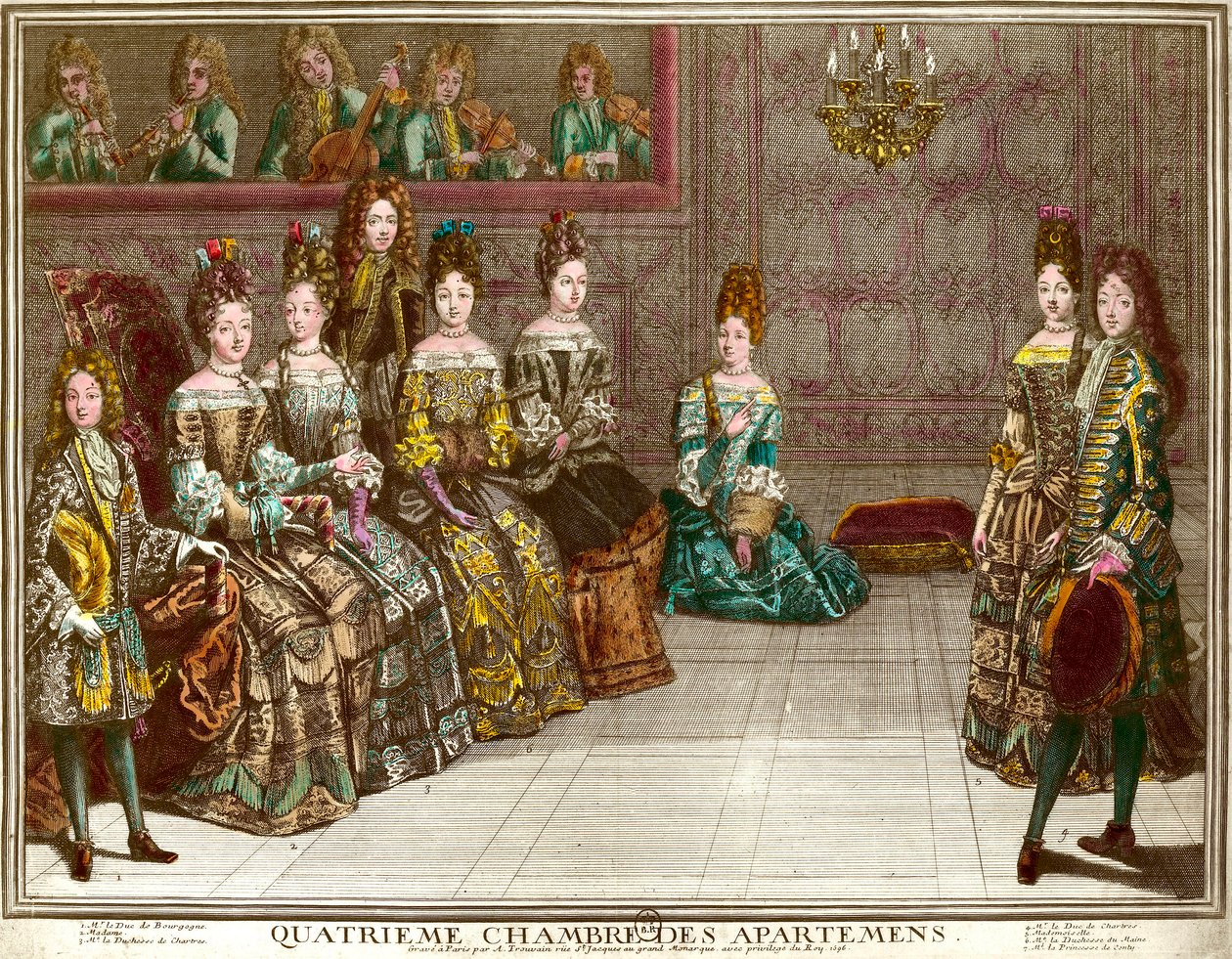 Dança no quarto quarto dos apartamentos da família de Luís XIV (1638-1715) durante as noites de apartamento em Versalhes por volta de 1696: o Duque de Chartres dança o menuet com Mademoiselle na presença da Duquesa do Maine, o Duque de B de Antoine Trouvain