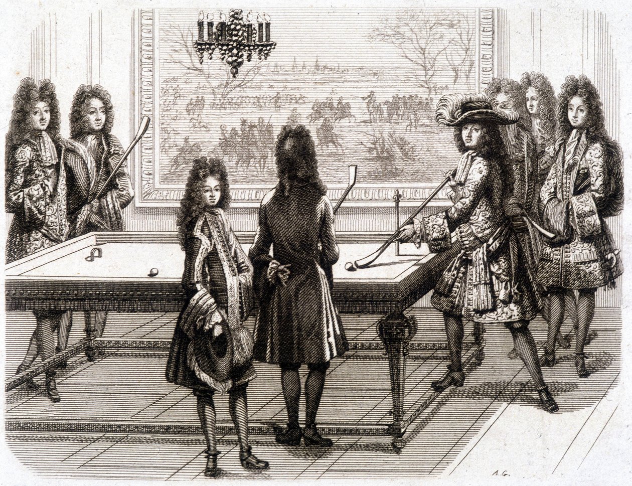 Luís XIV jogando bilhar (com Monsieur (irmão do rei), Duque de Vendôme, Conde de Toulouse, Chamillart, le Roi, M. d