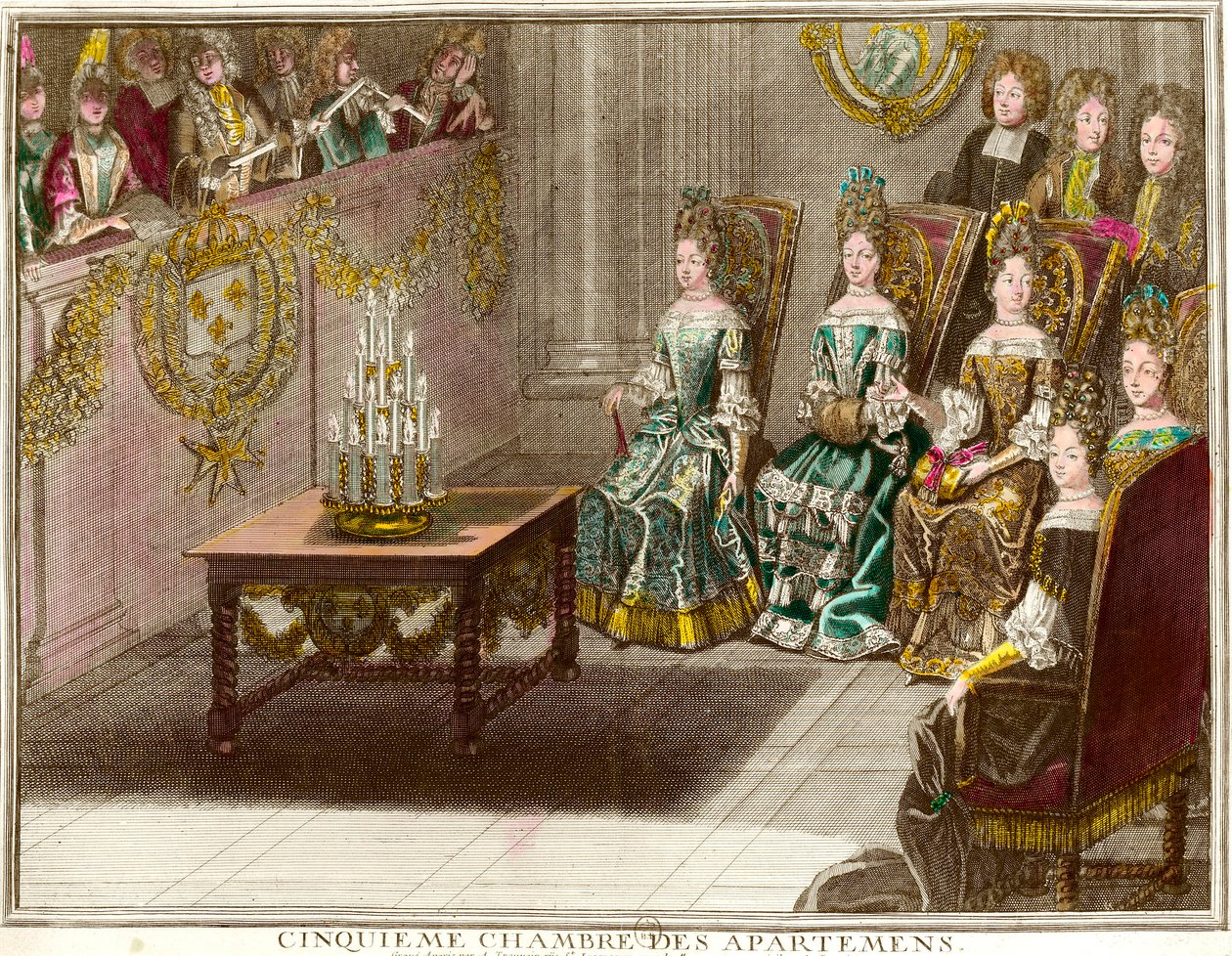 Sessão de música no quinto quarto dos apartamentos familiares de Luís XIV (1638-1715) durante as noites de apartamento em Versalhes por volta de 1694 Gravação de Antoine Trouvain (1656-1708) 1694 aproximadamente colecção privada de Antoine Trouvain
