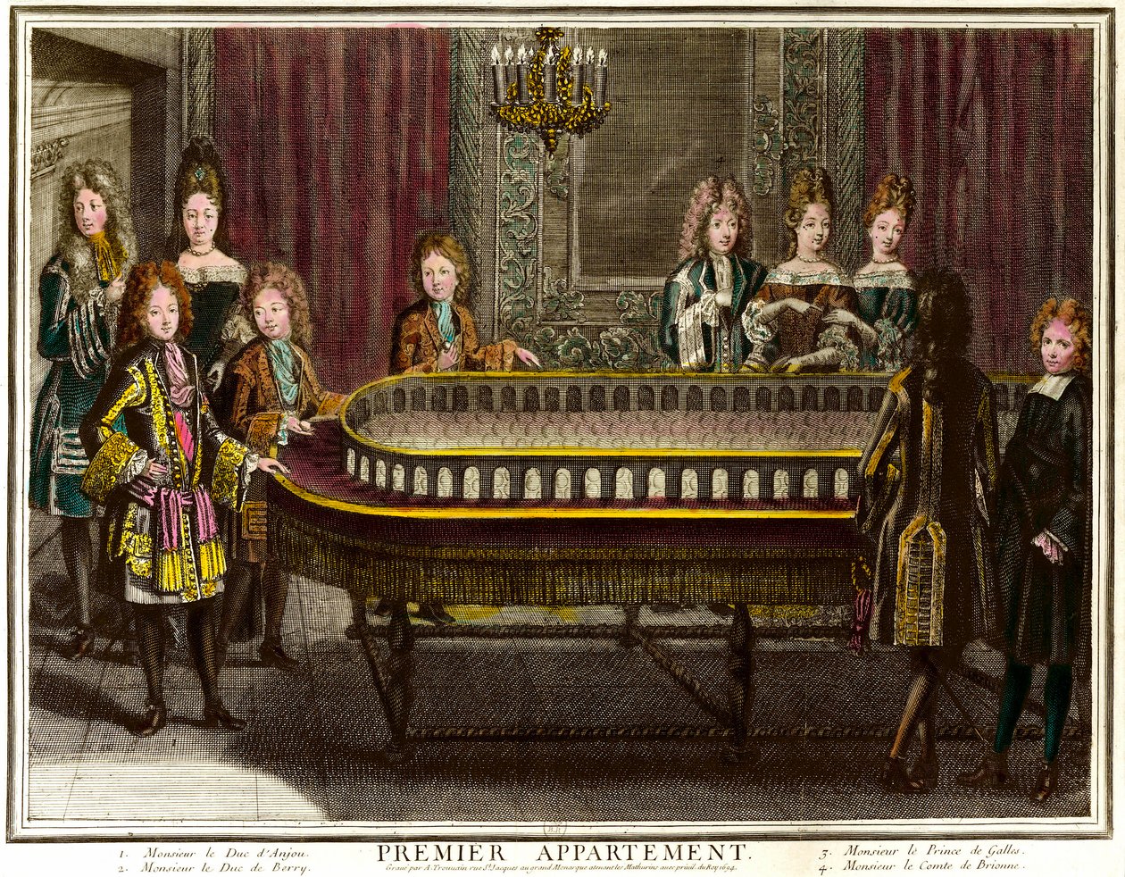 Philippe de França, Duque de Anjou, então Rei de Espanha (1683-1746), Carlos, Duque de Berry (1686-1714) e Príncipe de Gales tocando pórtico no primeiro apartamento de Luís XIV em Versalhes - Gravura de Antoine Trouvain (1656-1708) Coleção particular - Cha de Antoine Trouvain