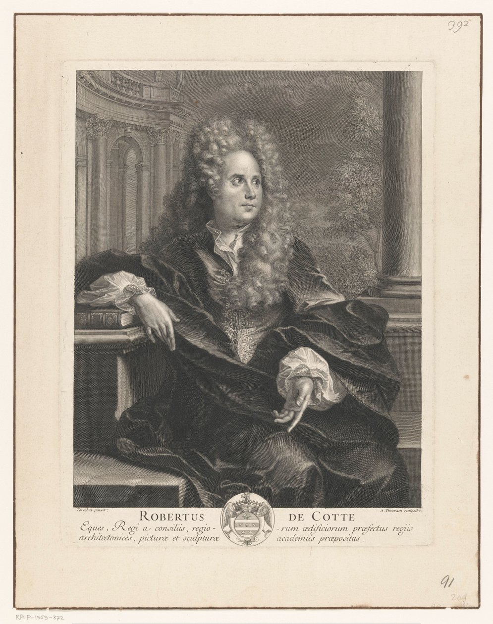 Retrato de Robert de Cotte apoiado em um livro de arquitetura clássica Robert De Cotte (título no objeto) de Antoine Trouvain