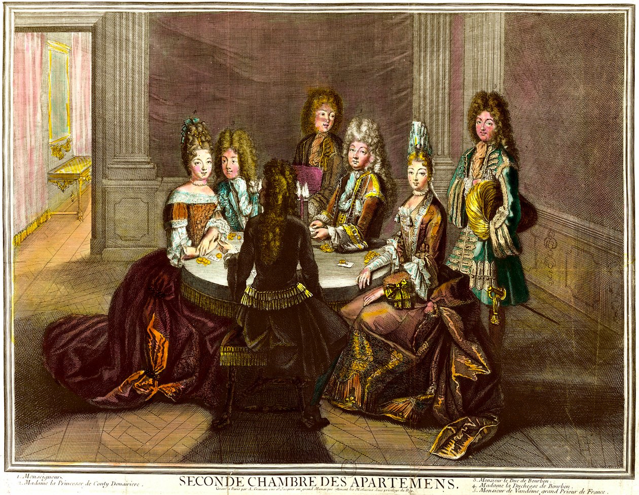 O pátio jogando cartas no segundo quarto dos apartamentos de Luís XIV. gravura de Antoine Trouvain (1656-1708) de Antoine Trouvain