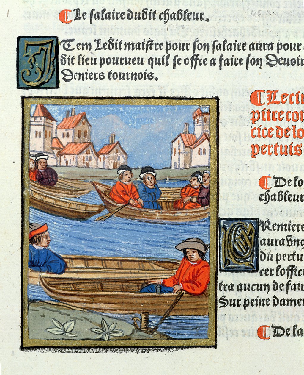 Barqueiros no rio Sena, de &39;Ordens Reais da Jurisdição dos Antigos Comerciantes da Cidade de Paris&39;, 1528 (wc e guache sobre papel) de Antoine Verard