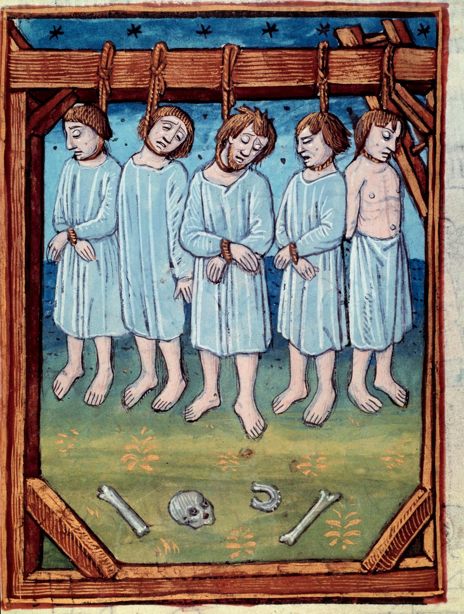 Cinco homens enforcados. Miniatura em “” cronicas de Saint Denis ”Paris, Antoine Verard de Antoine Verard